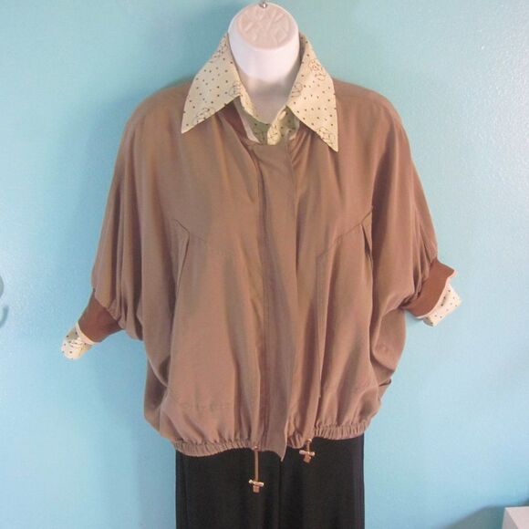 Fay Silk Dolman Sleeve Jacket Zip Front Tan Cuffed Short Sleeve Made in Italy - Picture 15 of 16